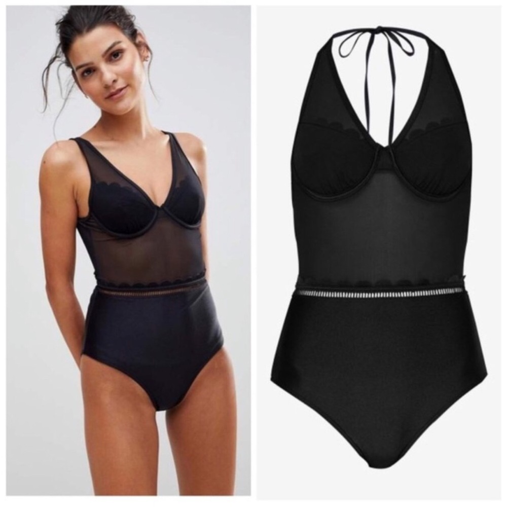 Ted Baker Kesia Black Mesh Scalloped One Piece Swimsuit 32/DD/ S